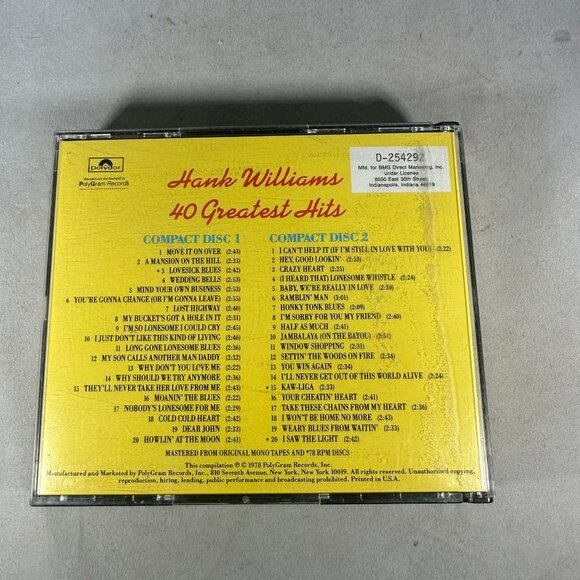 Hank Williams 40 Greatest Hits Music CD 2-Disc Set Remastered Classic Country - Picture 2 of 4